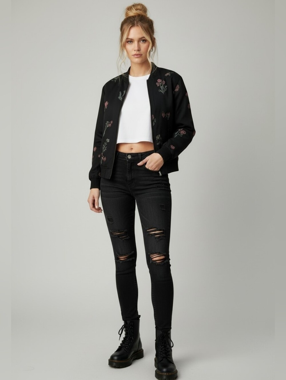 🏷️#10 SIMONS Icone Black and Floral Bomber Jacket SMALL As Is p2p19 × L29